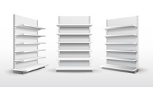 Set Of White Empty Store Shelves. Retail Shelf Rack. Showcase Display. Mockup Template Ready For Your Design. Vector Illustration. Isolated On White Background