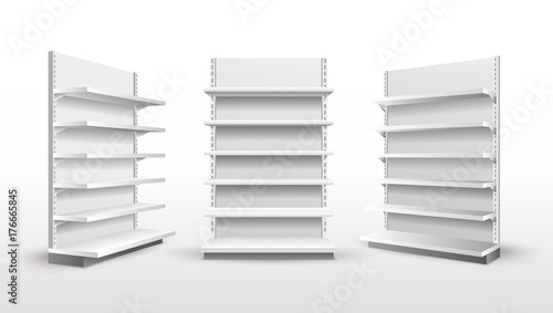Download Set of white empty store shelves. Retail shelf rack. Showcase display. Mockup template ready for ...