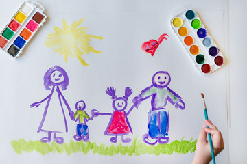 Wall Mural - The child's hand paints a happy family