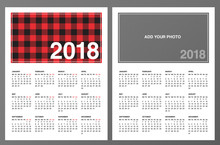 Two 2018 Calendar Templates: Lumberjack Patterned Frame And "Add Your Own Photo". Week Starts On Monday. Red Black Buffalo Check Plaid Pattern Swatch Is Included. Printable Letter Size Pages 8.5"x11"