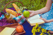 © allenkayaa - Picnic in nature at summer. Young woman in romantic blue dress is reading a book