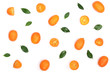Cumquat or kumquat with half isolated on white background. Top view. Flat lay pattern