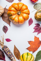 Wall Mural - Autumn flat lay composing with pumpkin, apples and fall leaves , top view