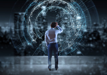 Poster - Businessman watching digital planet earth interface on a rooftop 3D rendering