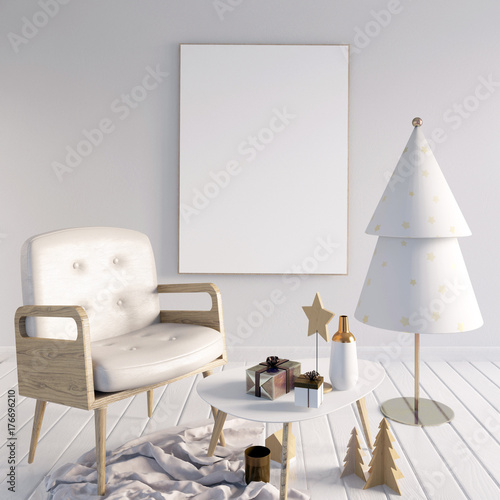 Fototapeta Nowoczesne świąteczne wnętrze, styl skandynawski. 3D ilustracji. plakat makiety