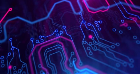 Printed circuit board video. Motherboard. Blue and purple digital technology background.