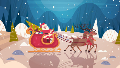 Wall Mural - Santa Riding Sledge With Reindeers In Forest, Merry Christmas And Happy New Year Banner Winter Holidays Concept Flat Vector Illustration