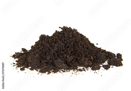 Fotografía Pile heap of soil humus isolated on white background