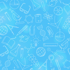 Wall Mural - Seamless pattern on the theme of science and inventions, diagrams, charts, and equipment,  a light contour icons on blue background