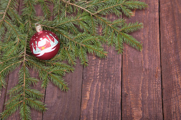 Wall Mural - Christmas decoration tree with ball on wooden background