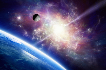 Wall Mural - planet earth in space, moon orbits around earth, spiral galaxy