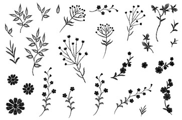 Embroidery flower field herb collection. Fashion print patch design floral DIY set. Stitched texture daisy leaves branches vector illustration