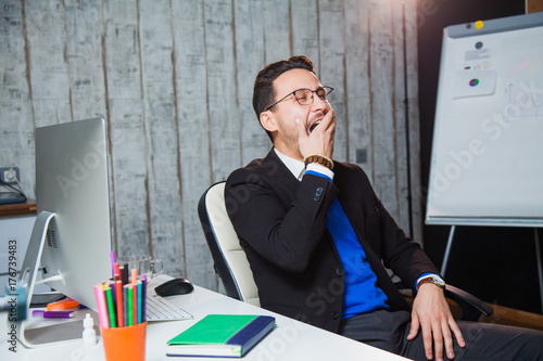 Businessman Yawning At Office Boring Job Concept Bored Worker
