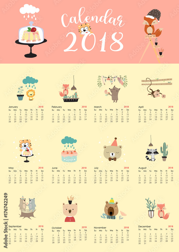 Colorful cute monthly calendar 2018 with fox,bear,cactus,flower,monkey