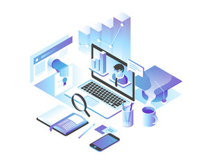 online education concept. online training courses, specialization, tutorials, lectures. 3d isometric