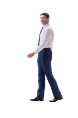 Businessman walking standing side view isolated on white backgro