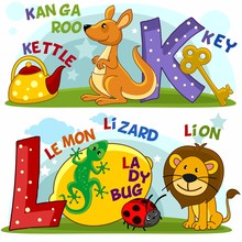 Colored Cartoon English Alphabet With Letters K And L, With Pictures To These Letters A Kettle, A Kangaroo, A Key, A Lemon, A Lizard, A Ladybug And A Lion.