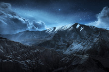 Beautiful Landscape Snow Mountains At Night On Blue Cloud And Star Background. Leh, Ladakh, India.(Double Exposure)