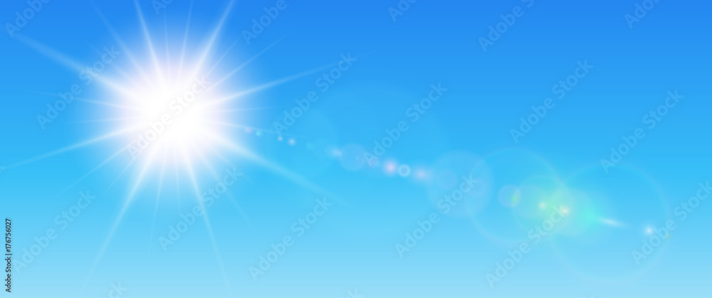 Sunny background, blue sun with lens flare - obrazy, fototapety, plakaty 