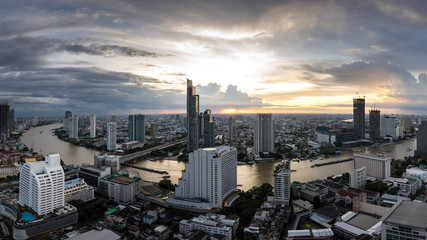 bangkok city - beautiful sunset curve chao phraya river panoramic cityscape urban of bangkok city at