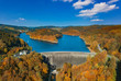 Aerial view of the agger dam in Gummersbach in autumn