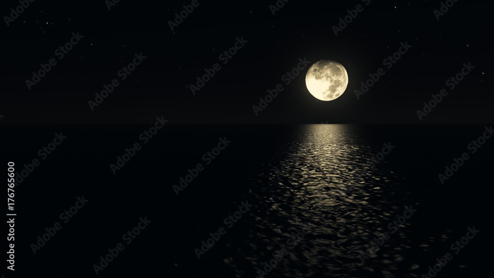 Moonlight path with low fool moon above the sea realistic 3d illustration - obrazy, fototapety, plakaty 