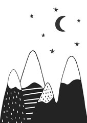 Wall Mural - Cute hand drawn nursery poster with handdrawn mountains stars and moon in scandinavian style.