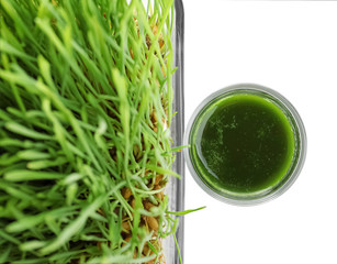 Wall Mural - Shot of wheat grass drink on white background