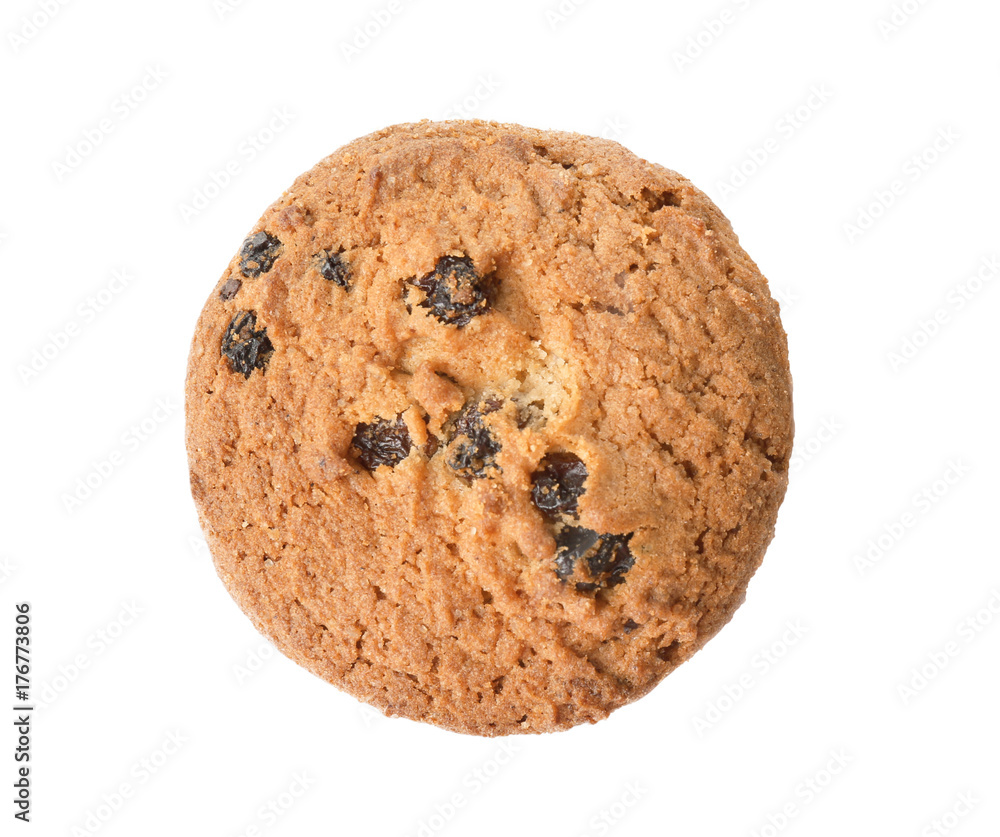 Delicious oatmeal cookie with raisins on white background