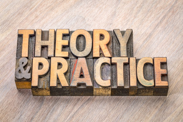 theory and practice word abstract in wood type