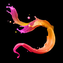3d Render, Digital Illustration, Abstract Liquid Wave, Colorful Splash, Paint Splashing, Fashion Background, Pink Orange, Juice, Artistic Clip Art Element Isolated On Black