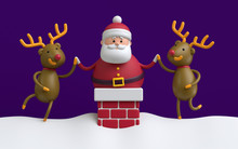 3d Render, Santa Claus Stuck In The Red Brick Chimney, Rein Deers Dancing On The Roof, Funny Christmas Card