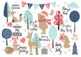 Christmas set, hand drawn style - calligraphy, animals and other elements. Vector illustration.