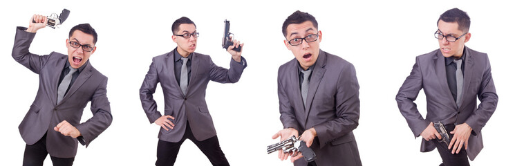 Wall Mural - Funny businessman with gun on white