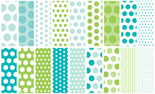 Blue And Green Polka Dot Pattern Set. Go Polka Dot Crazy With A Collection Of Dots From Mini To Jumbo For Digital Paper, Backgrounds, Gift Wrap, Fabric, Scrapbooking And More.