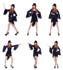 Pretty girl in purple carnival clothing and hat isolated on whit