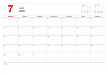 July 2018 Calendar Planner Vector Illustration