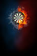 Darts sports tournament modern poster template. High resolution HR poster size 24x36 inches, 31x91 cm, 300 dpi, vertical design, copy space. Darts board exploding by elements fire and water.