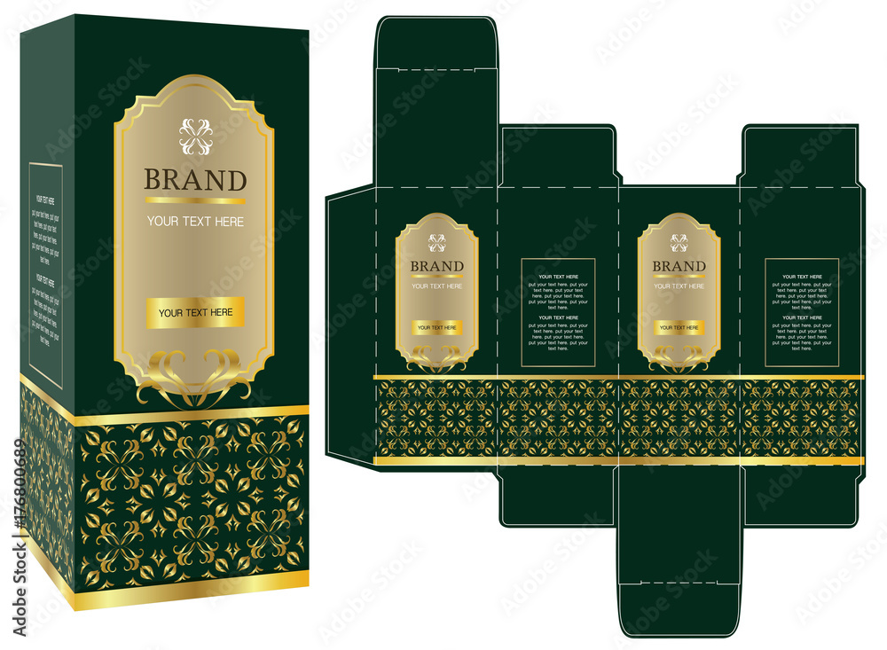 Packaging design, green and gold luxury box design template and mockup ...