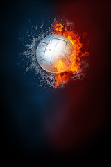 Wall Mural - Volleyball sports tournament modern poster template. High resolution HR poster size 24x36 inches, 31x91 cm, 300 dpi, vertical design, copy space. Volleyball ball exploding by elements fire and water.