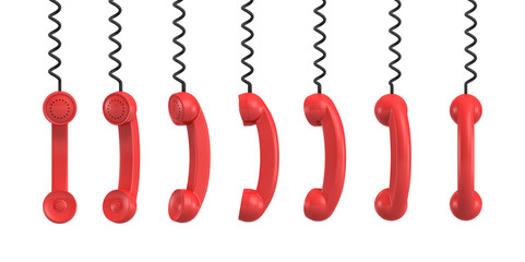 Wall Mural - 3d rendering of several red retro phone receivers hanging from their black cords on a white backgrou