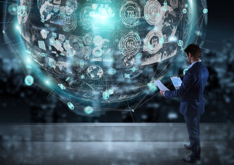 Poster - Businessman watching digital sphere interface on a rooftop 3D rendering