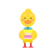 Wall Mural - Funny little yellow duckling holding birthday cake cartoon character vector illustration