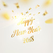 Merry christmas label with text. Golden confetti falls on the background. Happy new year 2018. Holiday card. Vector illustration.