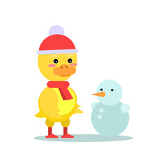 Wall Mural - Funny little yellow duckling with snowman cartoon character vector illustration