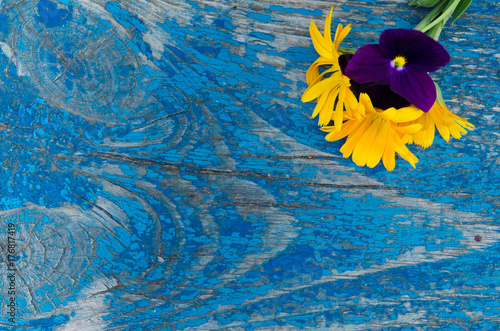 Plakat Delikatny, mały bukiet kwiatów nagietka i fiołków na desce