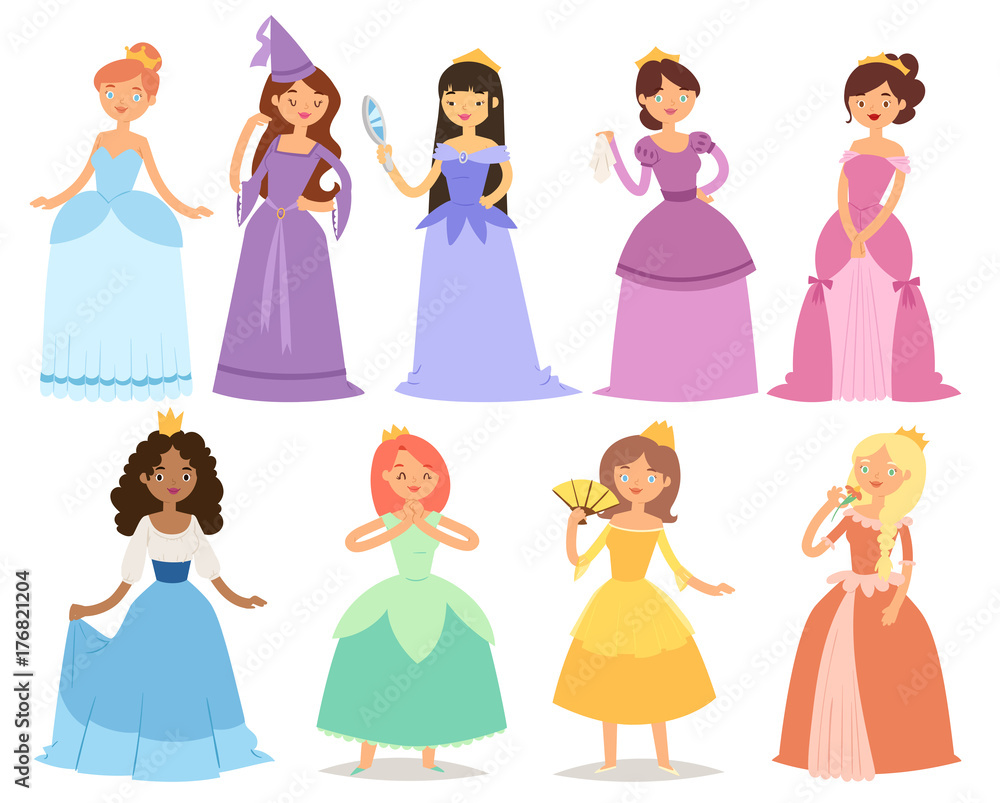 sachin and babi light blue dress Cartoon girl princess characters different fairy-tale clothes dress cute  adorble girls vector illustration. Stock Vector