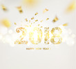 Happy new year card with a golden hemisphere from various flower swirls over the fallen confetti and gray background. Vector illustration.