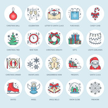 Christmas, New Year Flat Line Icons. Winter Holidays - Christmas Tree Gift, Snowman, Santa Claus, Fireworks, Angel. Vector Illustration, Signs For Celebration Xmas Party.