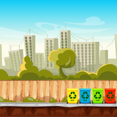 Poster - Recycle waste bins with cityscape background. Waste management concept